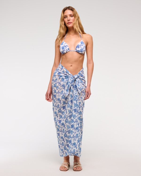 Long-Length Sarong Coverup, Blue Floral view 2