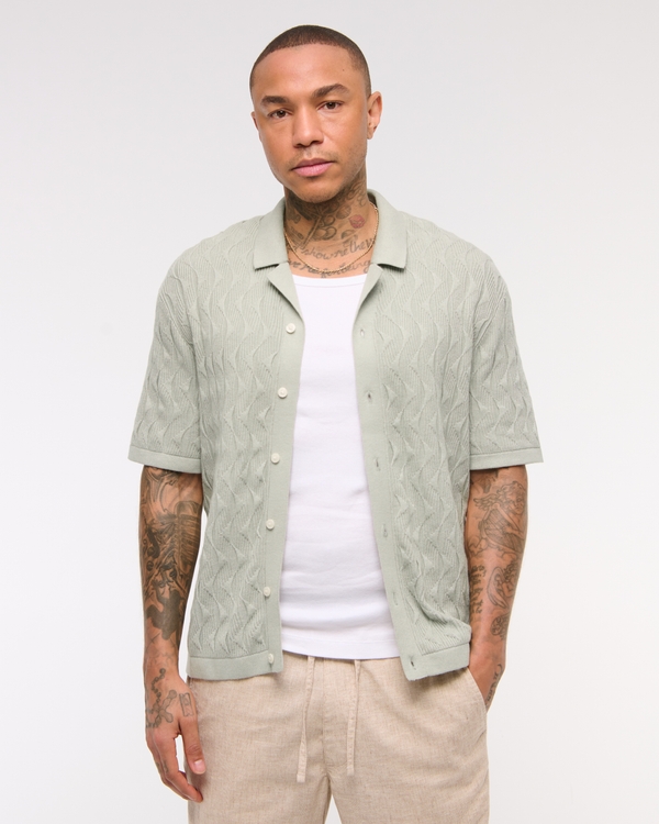 Geometric Stitch Button-Through Sweater Polo, Light Green view 1