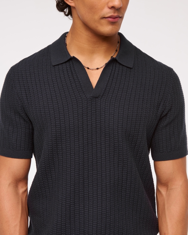 Classic Stitch Johnny Collar Sweater Polo, Deep Navy view 2