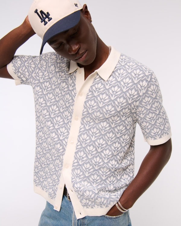 Jacquard Pattern Button-Through Sweater Polo, Light Blue And Cream Pattern view 1