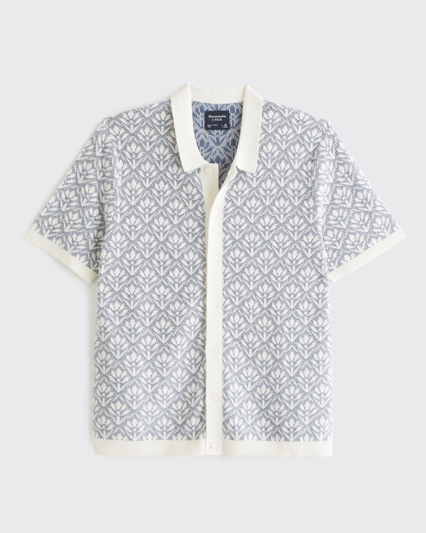 Jacquard Pattern Button-Through Sweater Polo, Light Blue And Cream Pattern view 2
