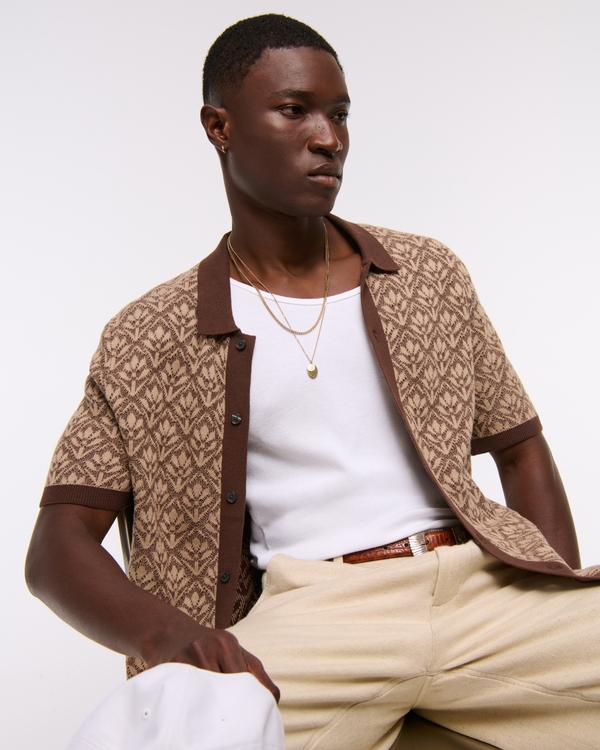 Jacquard Pattern Button-Through Sweater Polo, Coffee Pattern view 1