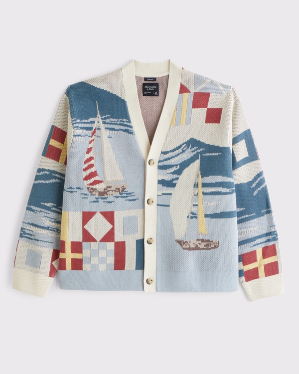Nautical Graphic Patchwork Cardigan, Light Blue Pattern view 2