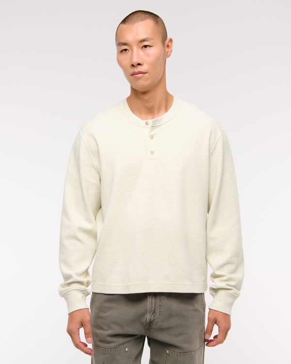 Long-Sleeve Grid Waffle Cropped Henley, Cream Heather view 1