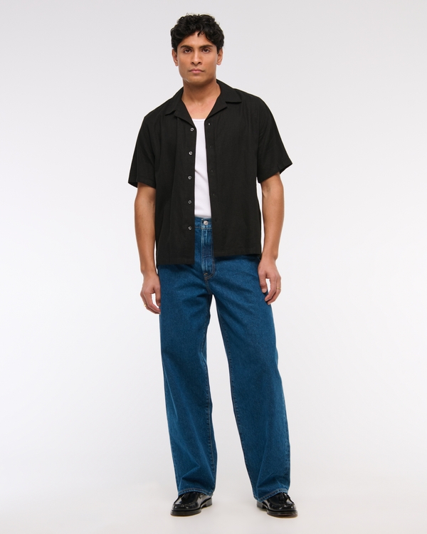 Camp Collar Summer Linen-Blend Shirt, Black view 2