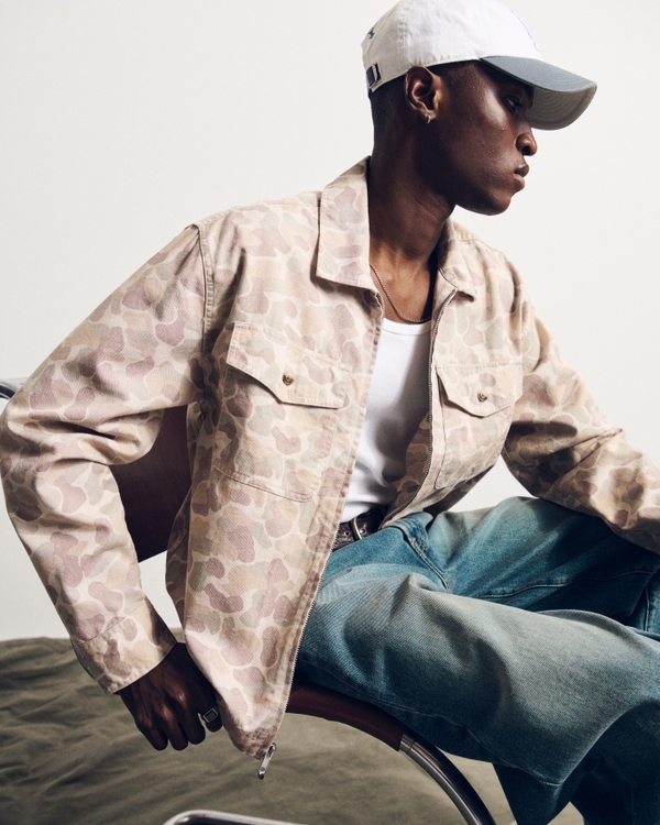 Cropped Twill Zip Shirt Jacket, Tan Duck Camo view 1