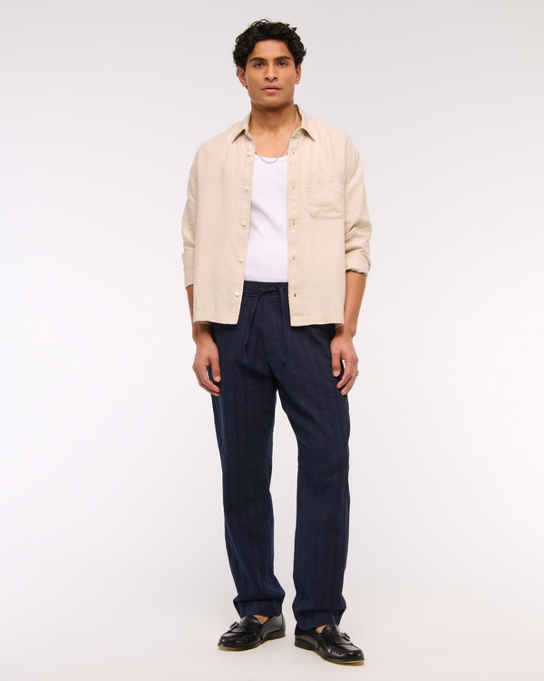 Loose Linen-Blend Pull-On Pant, Deep Navy view 1