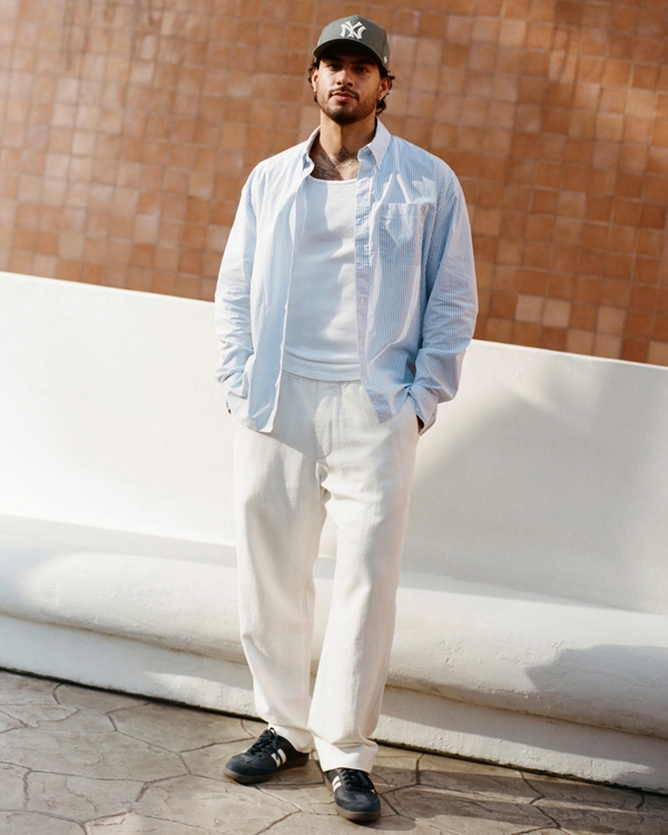 Loose Linen-Blend Pull-On Pant, Cream view 1