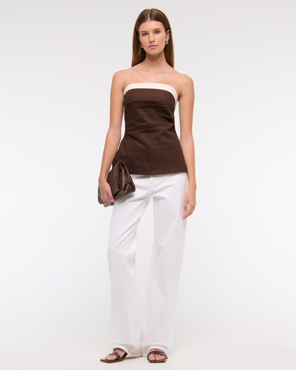 Linen-Blend Tube Top, Dark Brown view 2