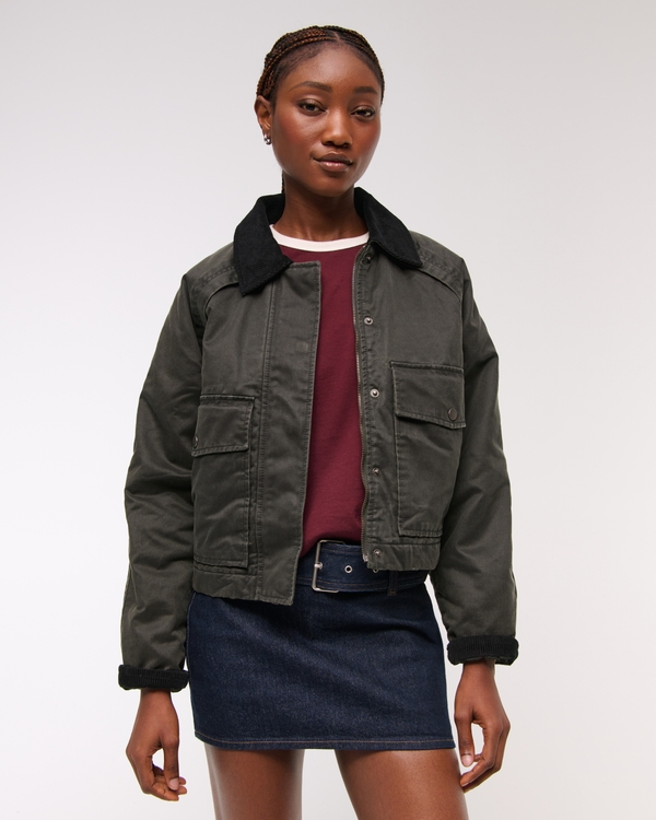 Short Waxed Chore Jacket, Black view 1