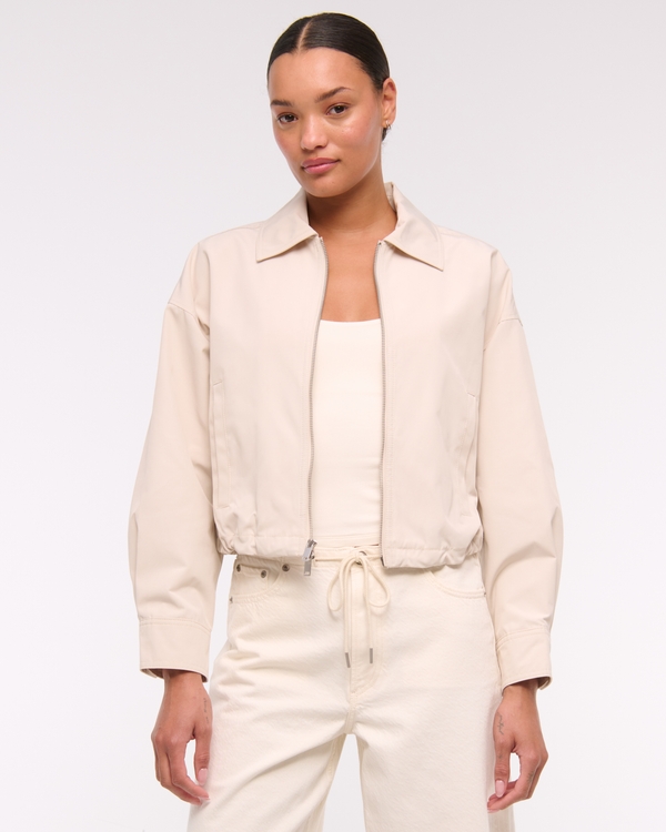 Cinched-Hem Double-Zip Jacket, Cream view 2