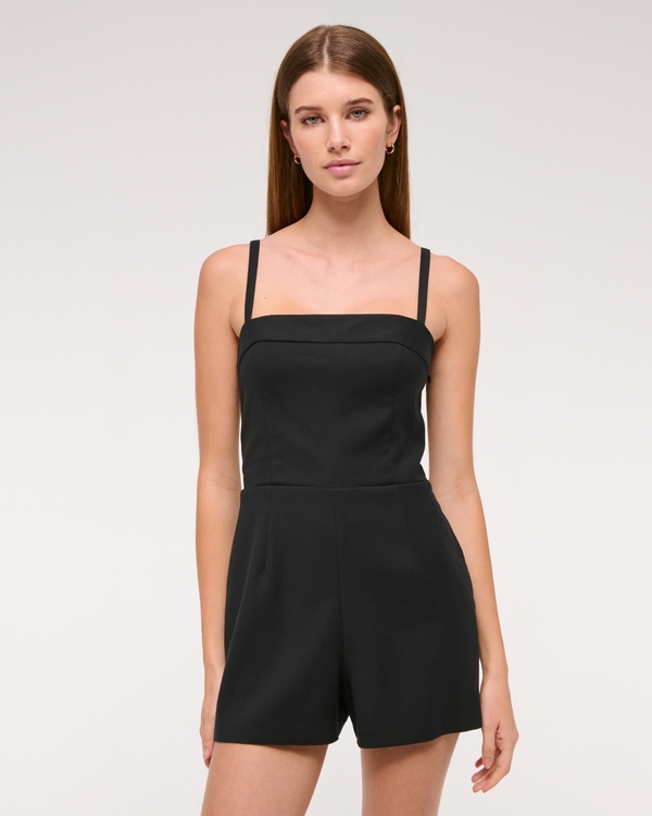 Micro Short Tailored Romper, Black view 1