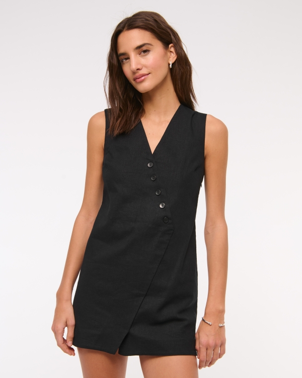 Linen-Blend V-Neck Button Mini Dress, Black view 1