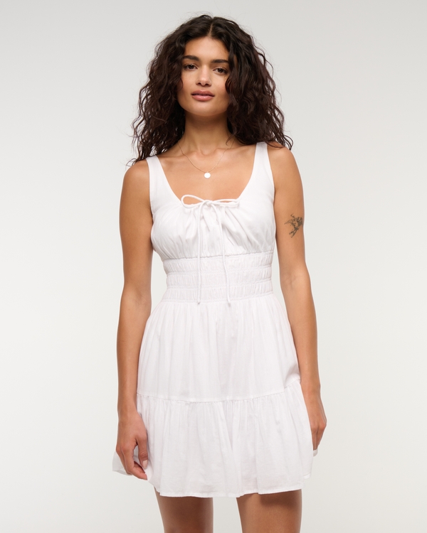Smocked Tie-Front Mini Dress, White view 2