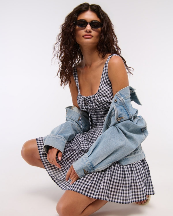 Smocked Tie-Front Mini Dress, Navy Check view 1