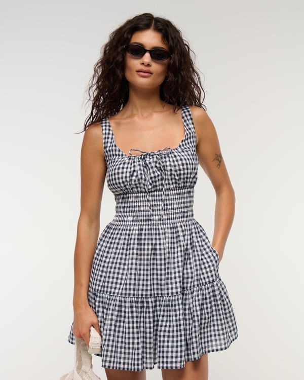 Smocked Tie-Front Mini Dress, Navy Check view 2