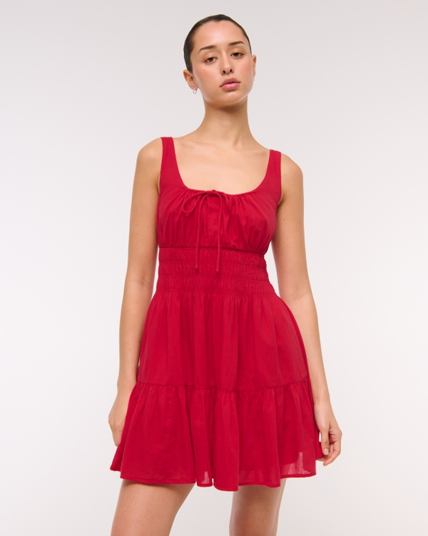 Smocked Tie-Front Mini Dress, Vivid Red view 2