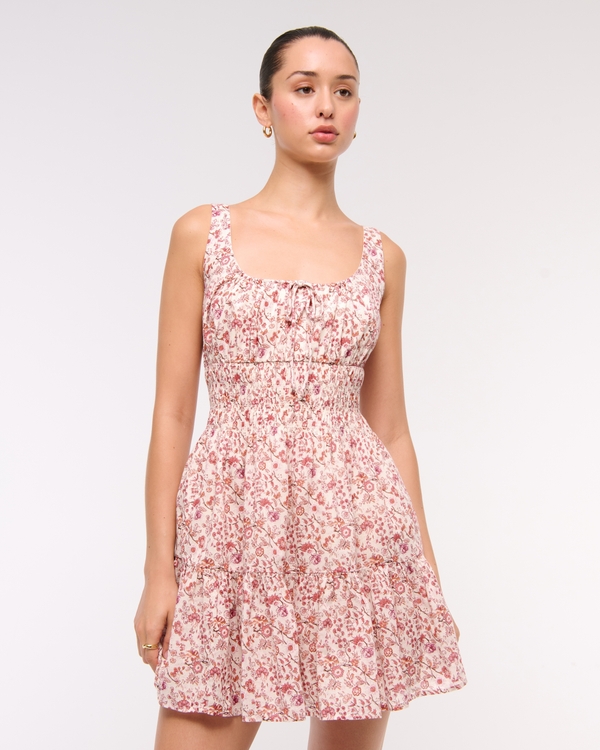 Smocked Tie-Front Mini Dress, Floral Pattern view 1