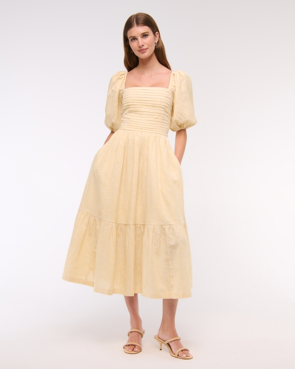The A&F Emerson Linen-Blend Puff Sleeve Midi Dress, Yellow Print view 1