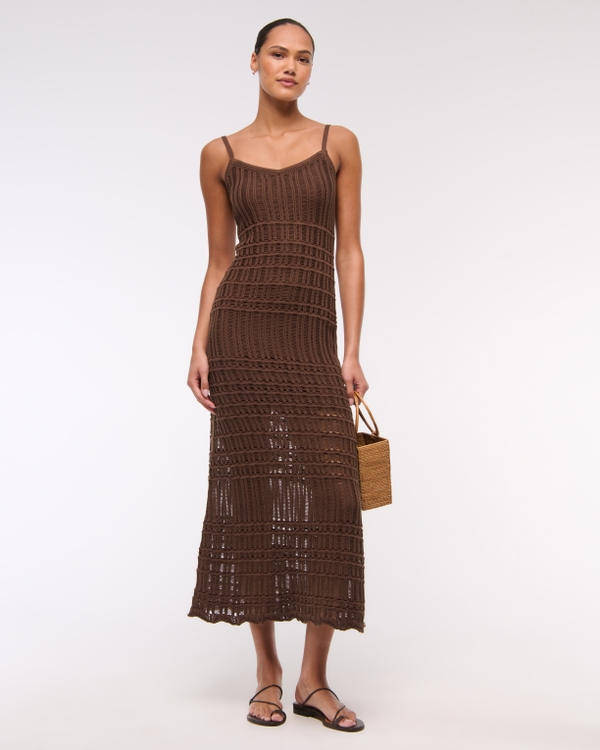 Crochet-Style Maxi Dress, Brown view 1