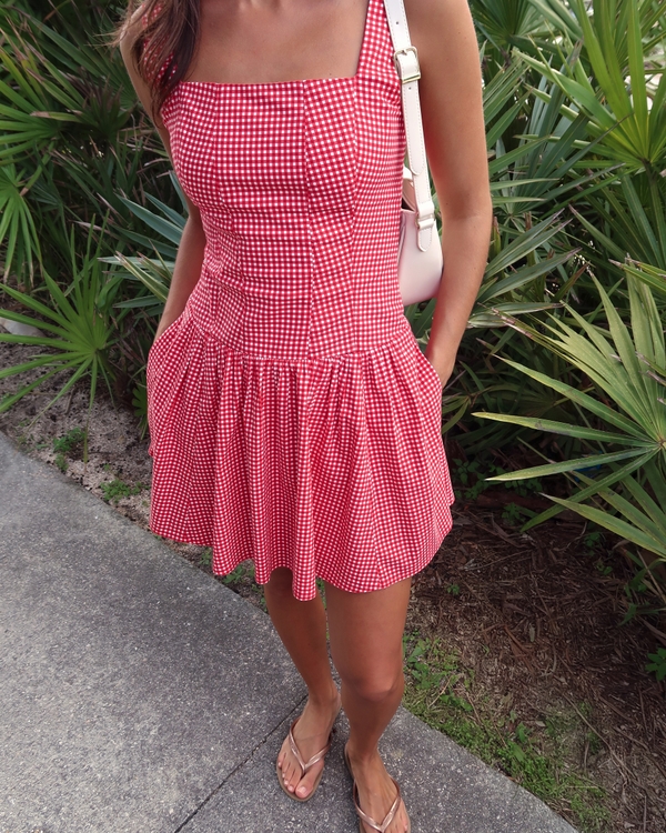 The A&F Mila Drop-Waist Mini Dress, Red Gingham view 2
