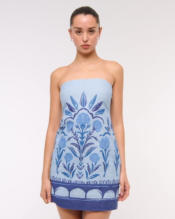 The A&F Scarlett Strapless Linen-Blend Skort, Blue Pattern view 1