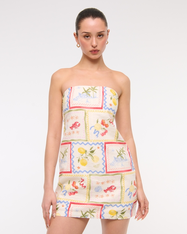 The A&F Scarlett Strapless Linen-Blend Skort, Tile Print view 1