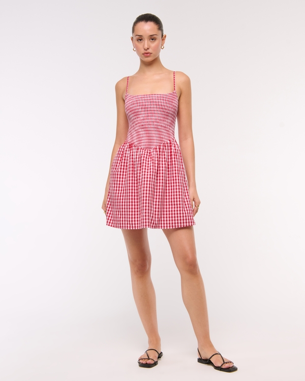 Dipped-Waist Smocked Mini Dress, Red Gingham view 2