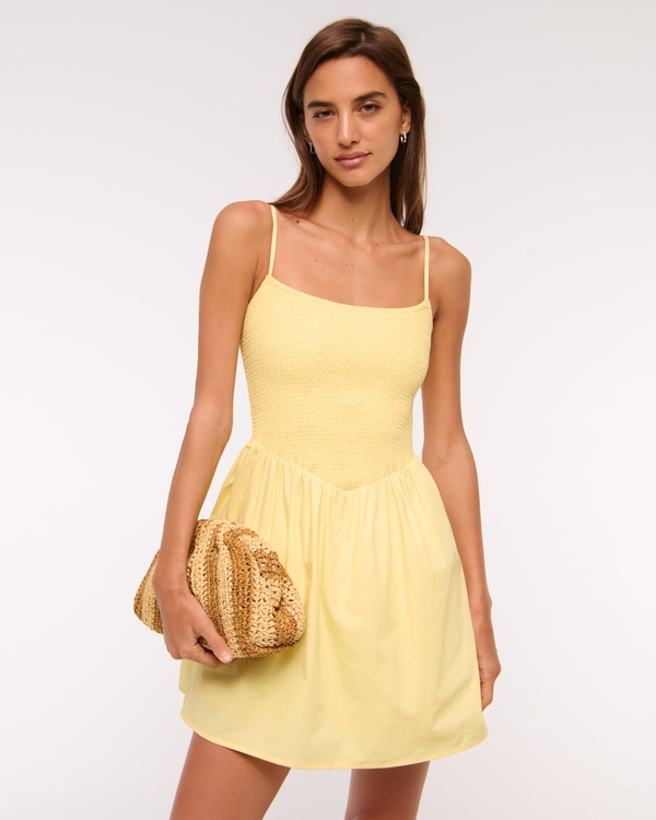Dipped-Waist Smocked Mini Dress, Yellow view 1