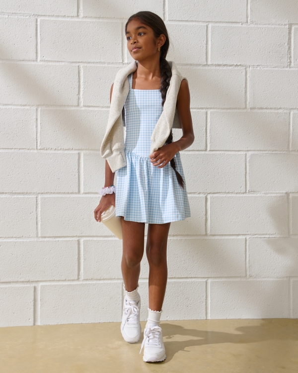 ypb drop-waist mixed fabric mini dress, Blue Gingham view 1