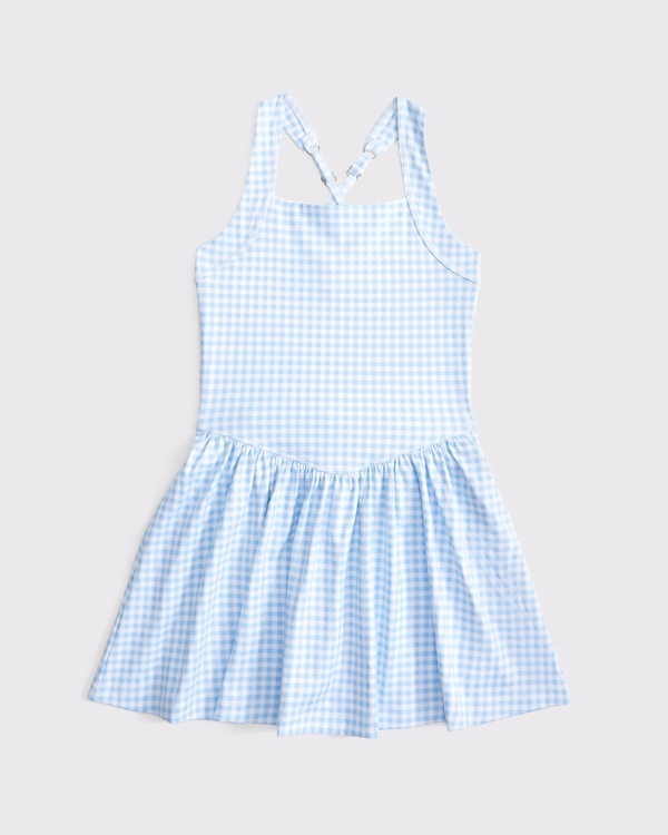 ypb drop-waist mixed fabric mini dress, Blue Gingham view 2
